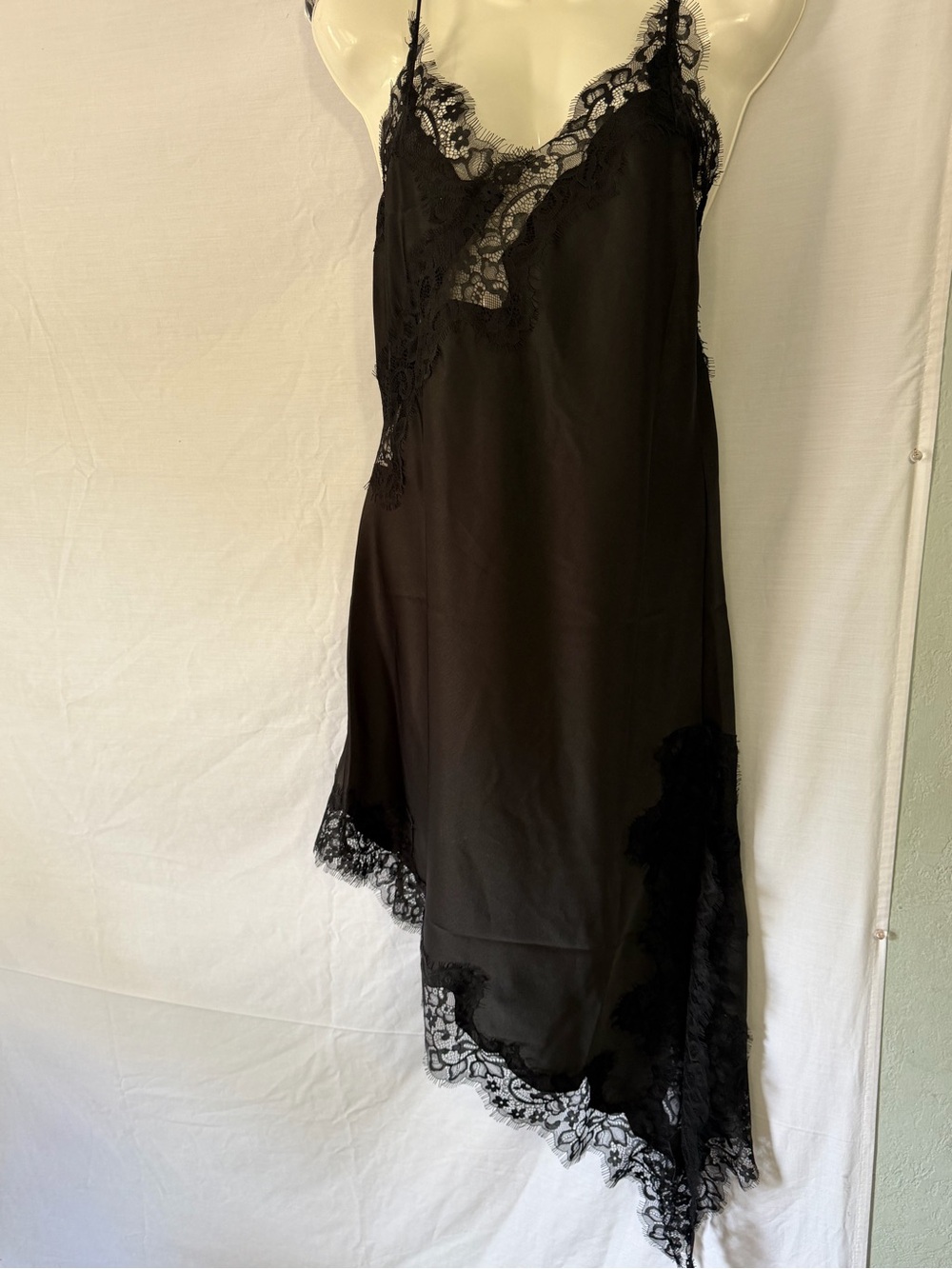 Elegant Black Asymmetrical Lace-Trim Slip Dress